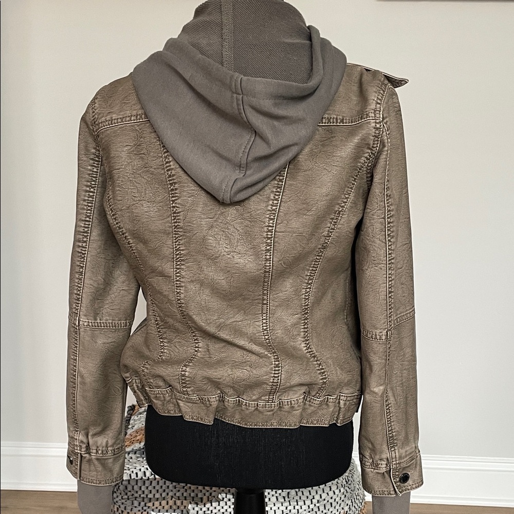 Women's Taupe Faux Leather Jacket with Hoodie - Picture 2 of 3